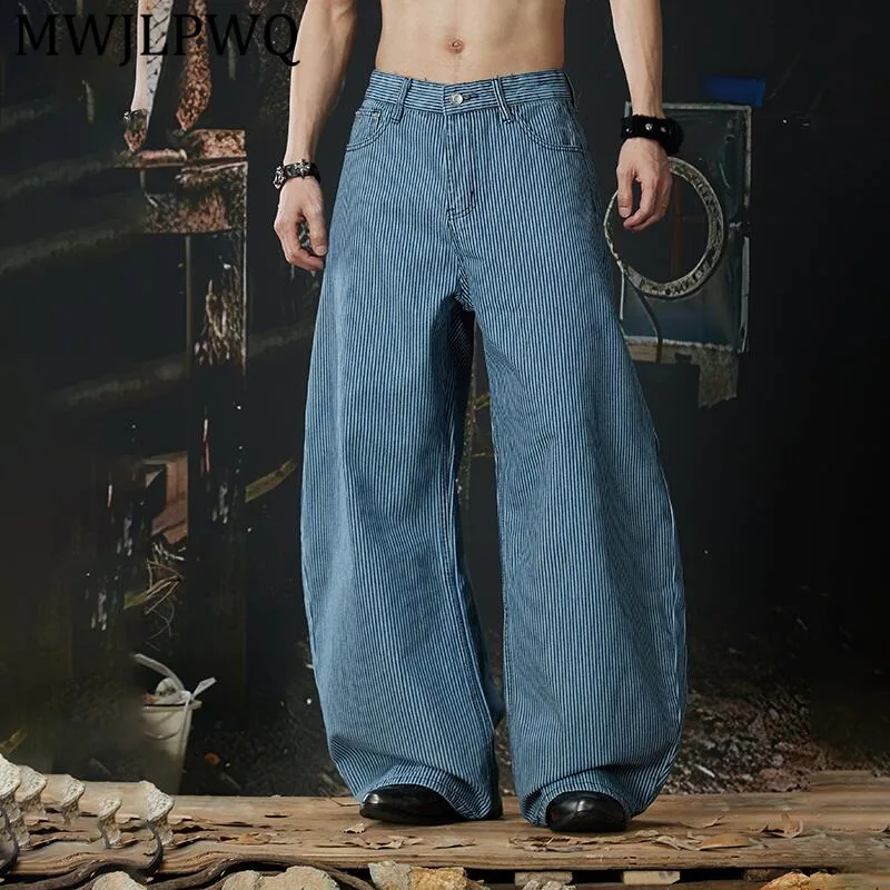 

MWJLPWQ Men's New Striped Casual Loose Machete Jeans Vintage Unisex Versatile Wide Leg Pants Denim Trousers Spring Autumn 14165