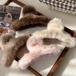 Winter Solid Color Fluffy Cross Hair Claw For Women Girls Sweet Plush Hairpins Crab HairClips Headband Fashion Hair Accessories