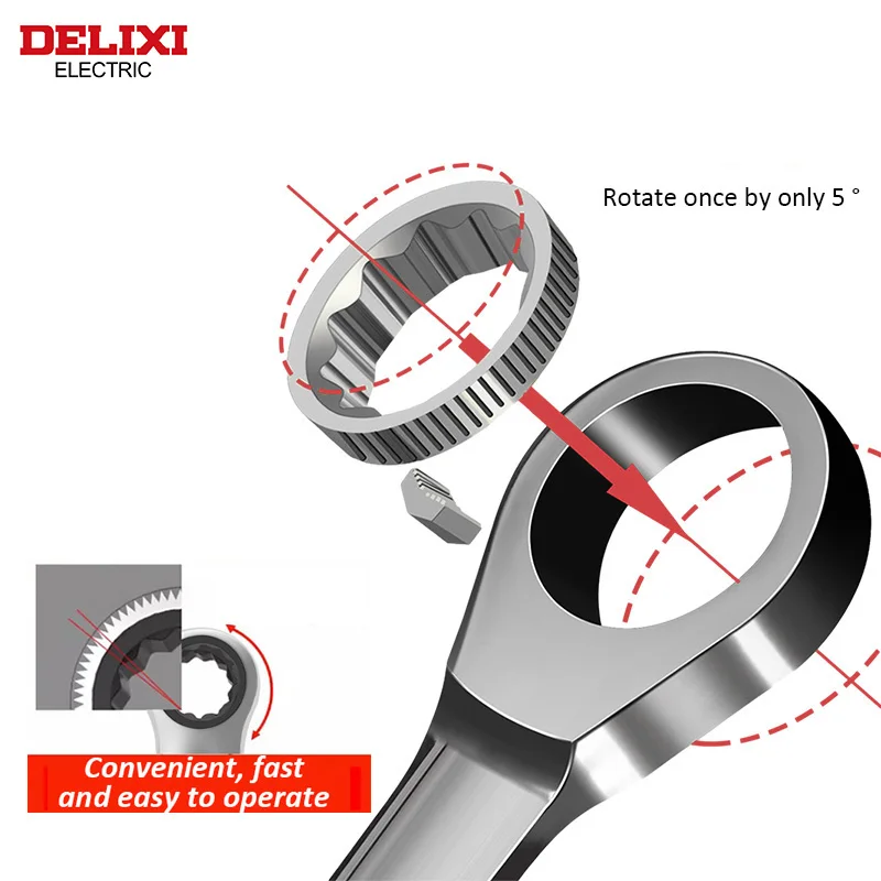 DELIXI ELECTRIC Ratchet Wrench 72-Tooth Multifunctional Open-ended Torx Wrench，Flexible Head Mirror Finish， Auto Repair Tools