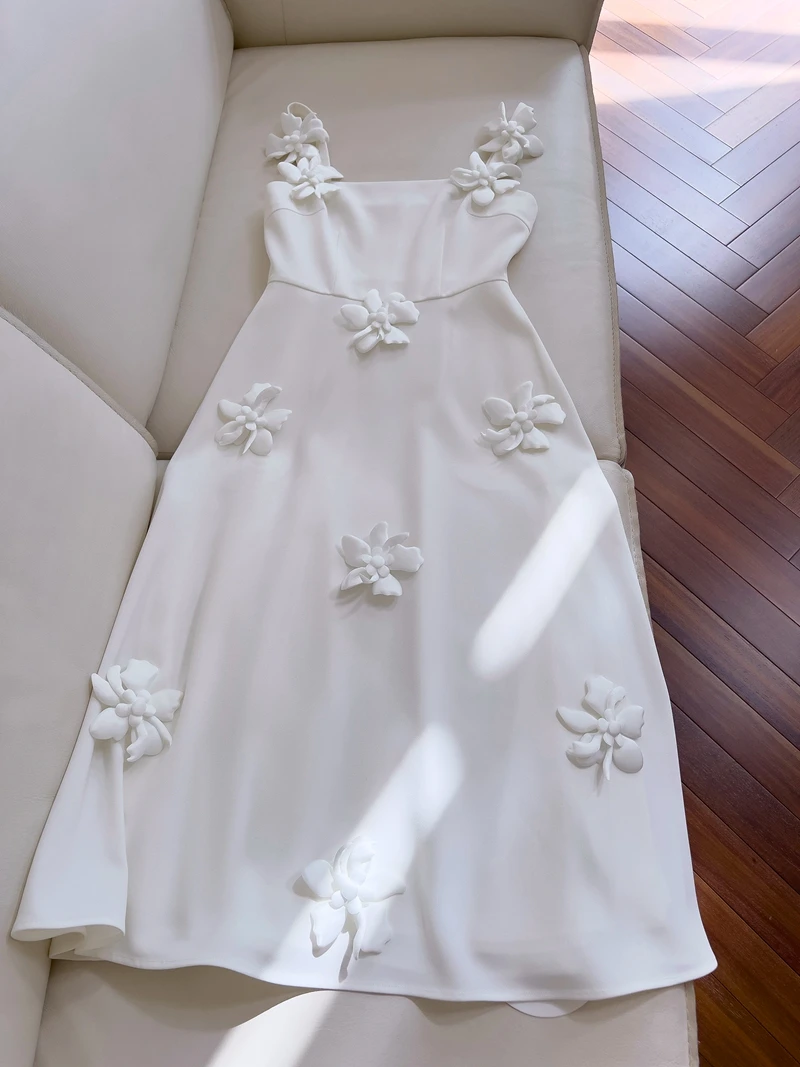 Lingzhi Wu White Dress Flower Spaghetti Strap Ladies Luxury Engagement Formal Vestidos Holiday Three-Dimensional Floral