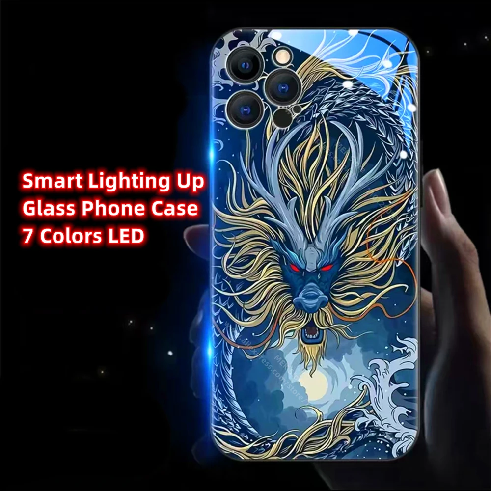 

Water Dragon King Sound Control LED Flash Cases Luminous Glass Cover For iPhone 16 15 14 13 12 11 Pro Max X XS XR Plus