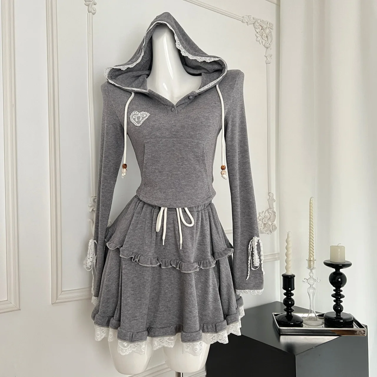 Early Autumn knityted 2 pcs set hooded knit pullovers  + tutu skirt korean Style Slim Fit Hooded Top Skirt