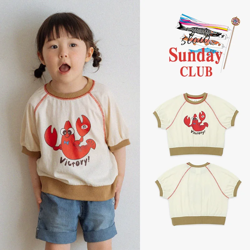 

Jenny&Dave Spot 23 Summer New Children's Casual Top, Cute Little Lobster Letter Print Loose Short Sleeve T