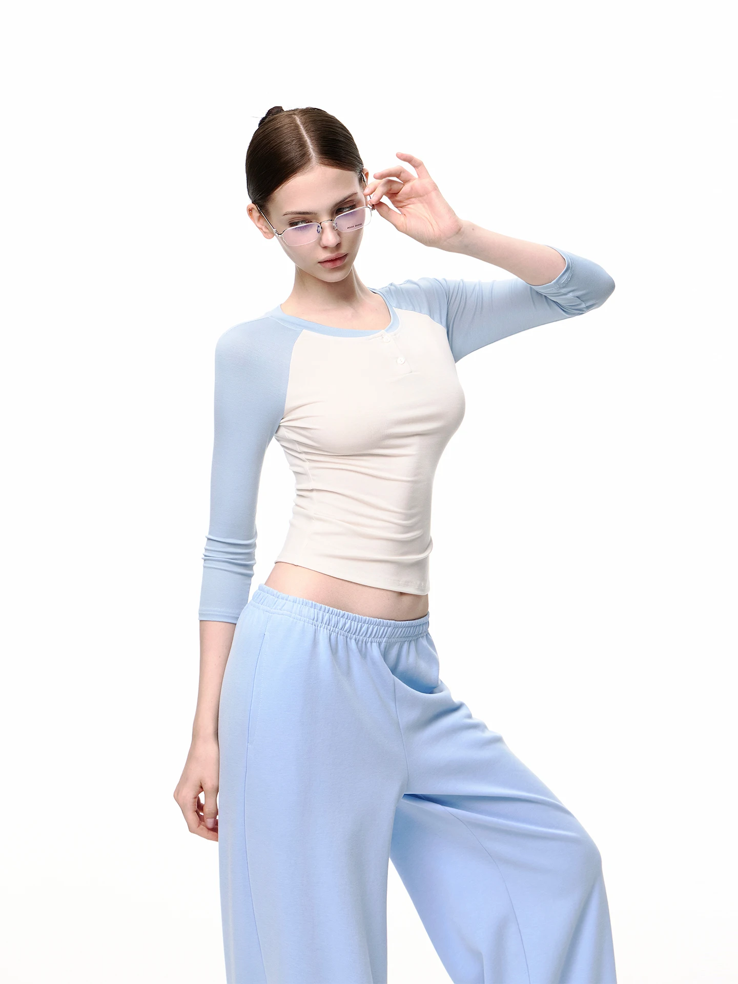 JLAUNT Women's Slim Fit round Neck Short Sleeve T-Shirt Blue Shoulder Insert Design Comfortable Breathable Casual Top