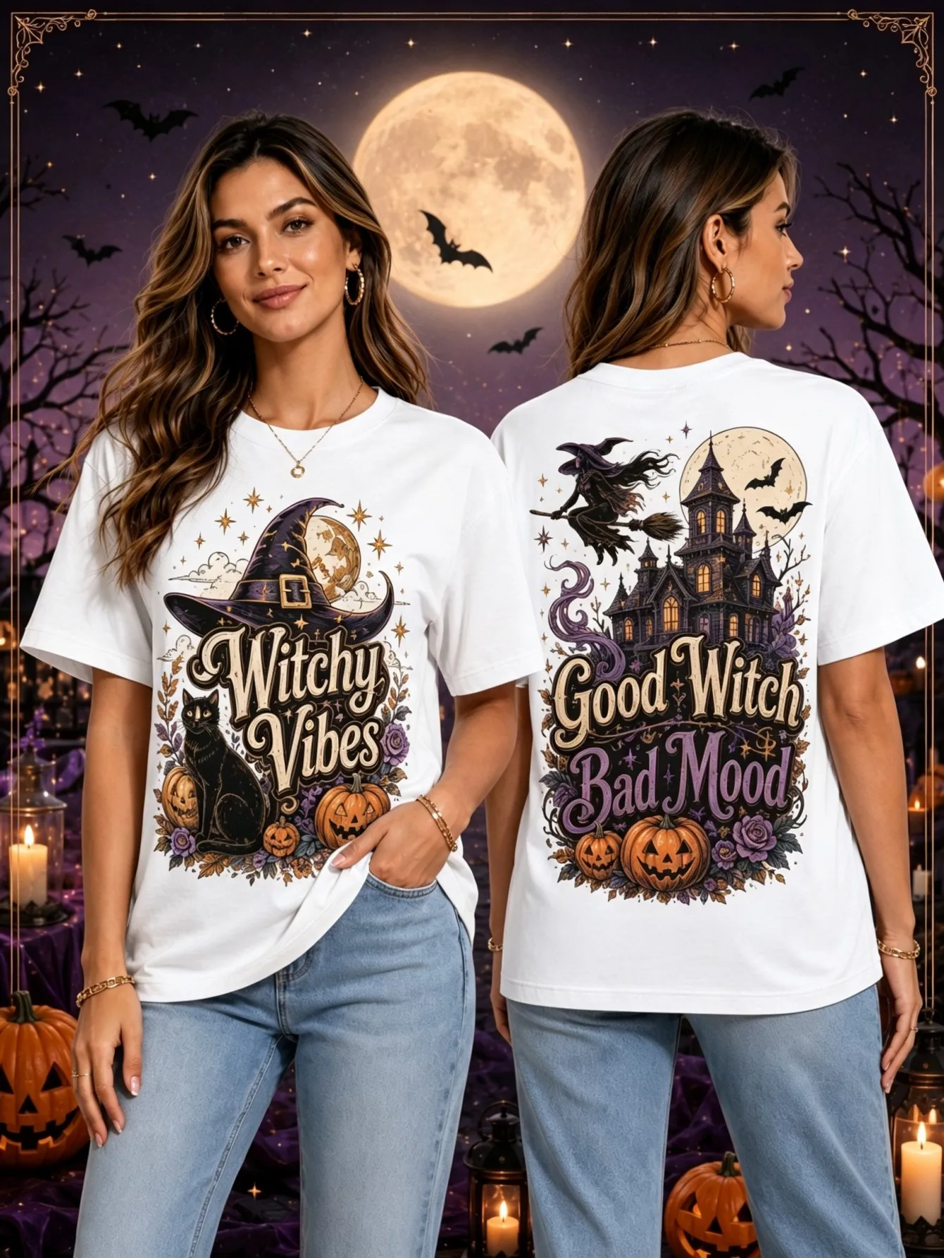 Halloween Women's Loose Short Sleeved Round Neck T-shirt, Black Cat Pumpkin Witch Castle Moon Bat Print