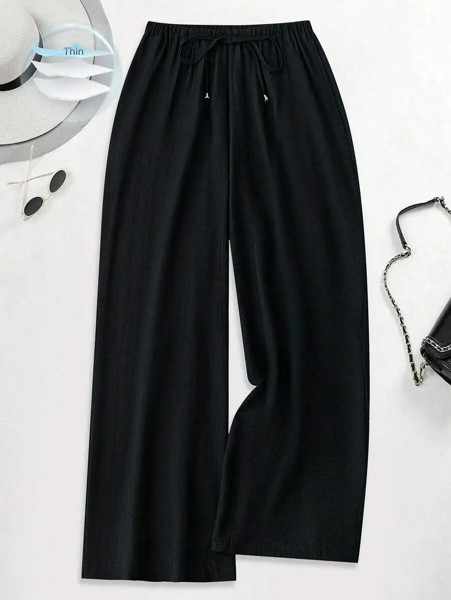 

Plus Size Women's Black Wide Leg Pants with Elastic Waistband, Casual Loose Fit for Autumn Winter