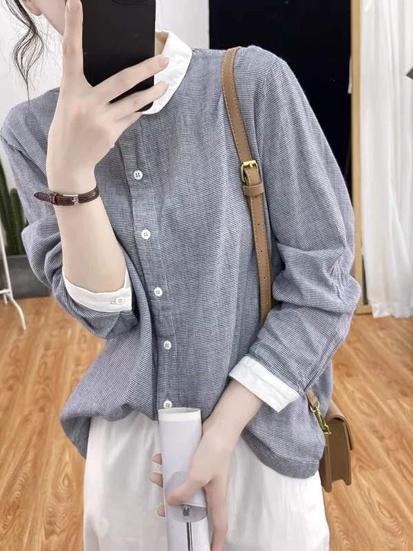 Women's Casual Style Long Sleeve Loose Fit Double Layer Cotton Shirt Small Grid Pattern Patchwork Color Slimming Top