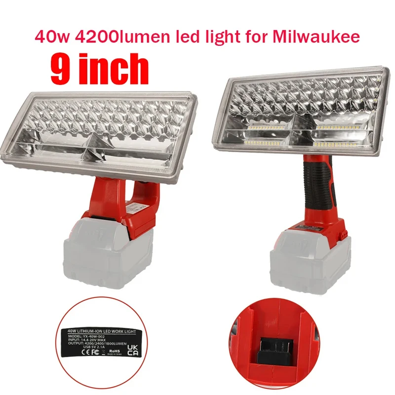 9inch 40W LED Lamp For Milwaukee M&18 18V Li-Ion Battery Indoor Outdoor LED Working Light Spotlight Portable Flashlight With USB