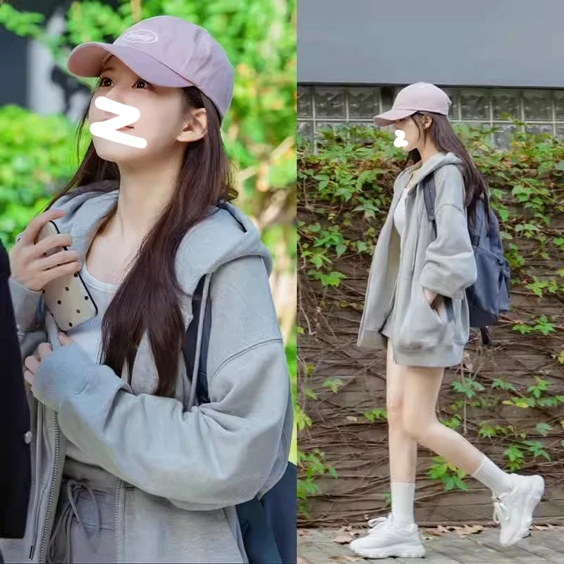 

EXJR Grey Hooded Zipper Jacket Women's Lazy Style Sweatshirt Streetwear Long Sleeve Regular Fit Single Piece Autumn 2023
