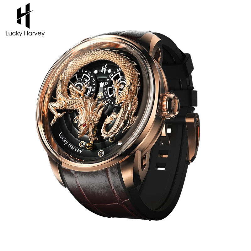 Lucky Harvey China Dragon Mechanical Men Watches Automatic Mechanical Luxury Sapphire Mirror Man Watch Vintage
