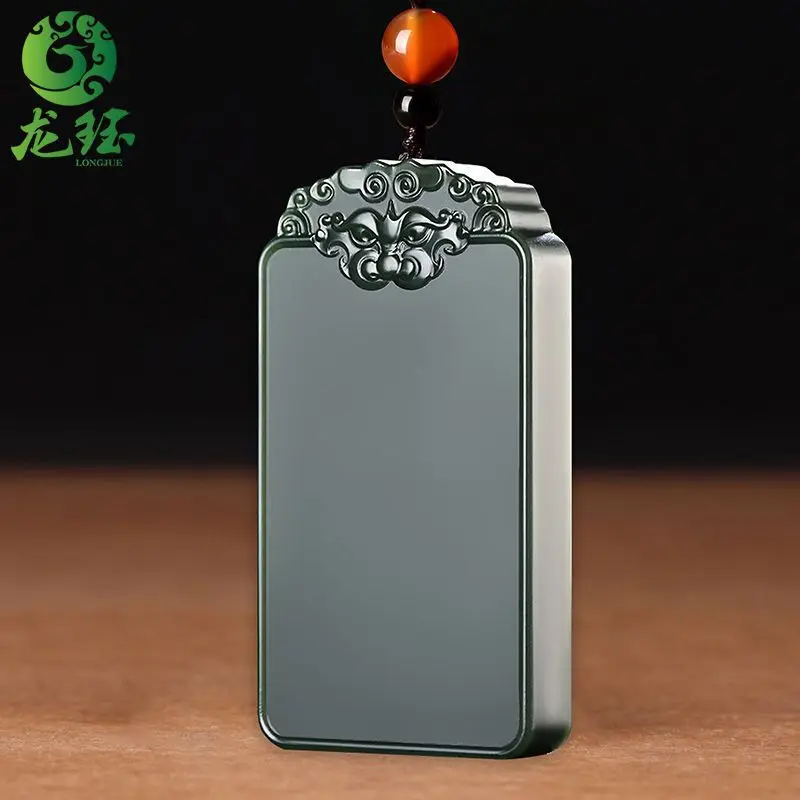 

Xinjiang Natural Hetian Jade Ink Jade Beast Head Safe Brand Pendant Men's and Women's Jade Safe Ruyi Pipe