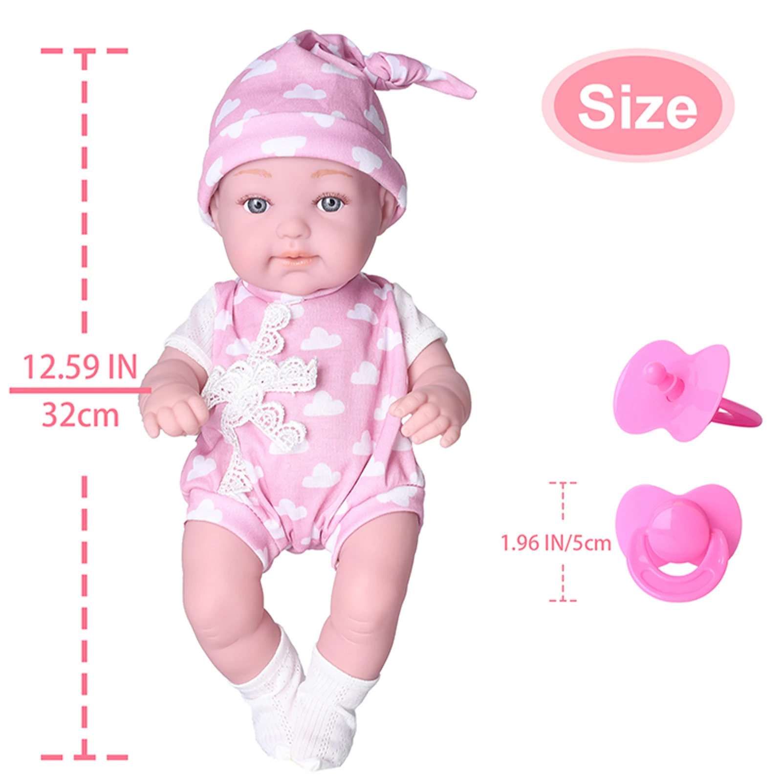 32 cm große wiedergeborene Babypuppe, 12,6 Zoll, interaktives Kinderspielzeug für 3+ rosa Sonnenhut mit vorgetäuschtem Schnuller, lebensechtes Geburtstagsgeschenk für Mädchen