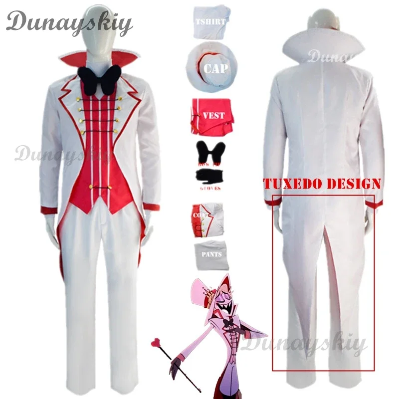 Hazbin Lucifer Cosplay Anime Hotel Morningstar Cosplay Costume Wig Daddy White Suit Devil Hell Halloween Party Adult Men Costume