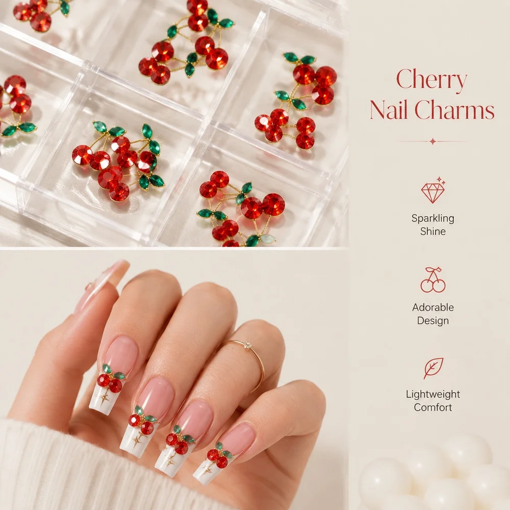 24Pcs Kawaii Fruit Nail Charms Vivid Cherry Rhinestone Metal Leaf Ornaments Clear Storage Box DIY Handmade Nail Art Supplies