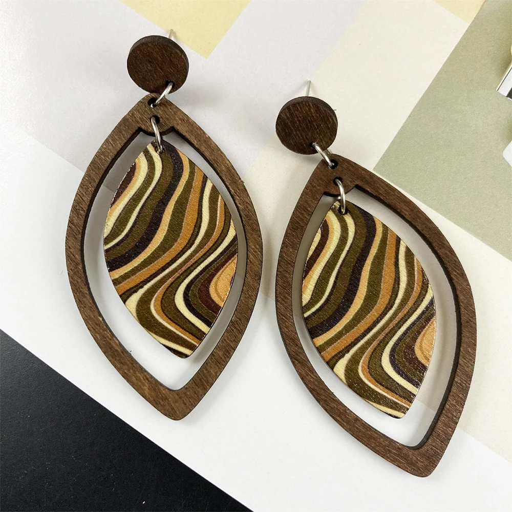 Vintage Water Wave Zebra Print Dangle Earrings for Women Ethnic Hollow Design Water Drop Earring Female Wooden Jewelry