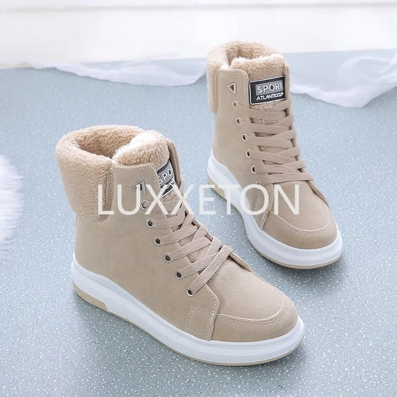 2024 Winter Boots Women Ankle Boots Warm PU Plush Winter Woman Shoes Sneakers Flats Lace Up Ladies Shoes Women Short Snow Boots