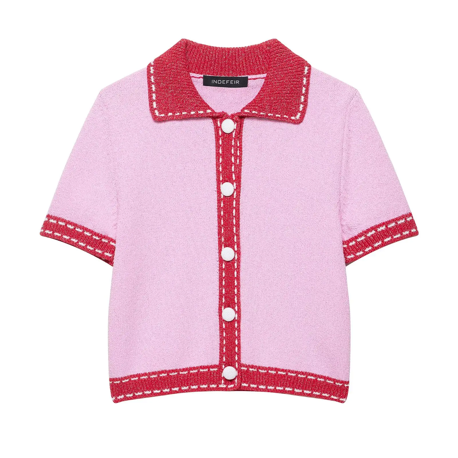 BSAY 패션 신상 여성용 2025 싱글 버튼 칼라 스티치 장식 반팔 배색 니트 코트 탑