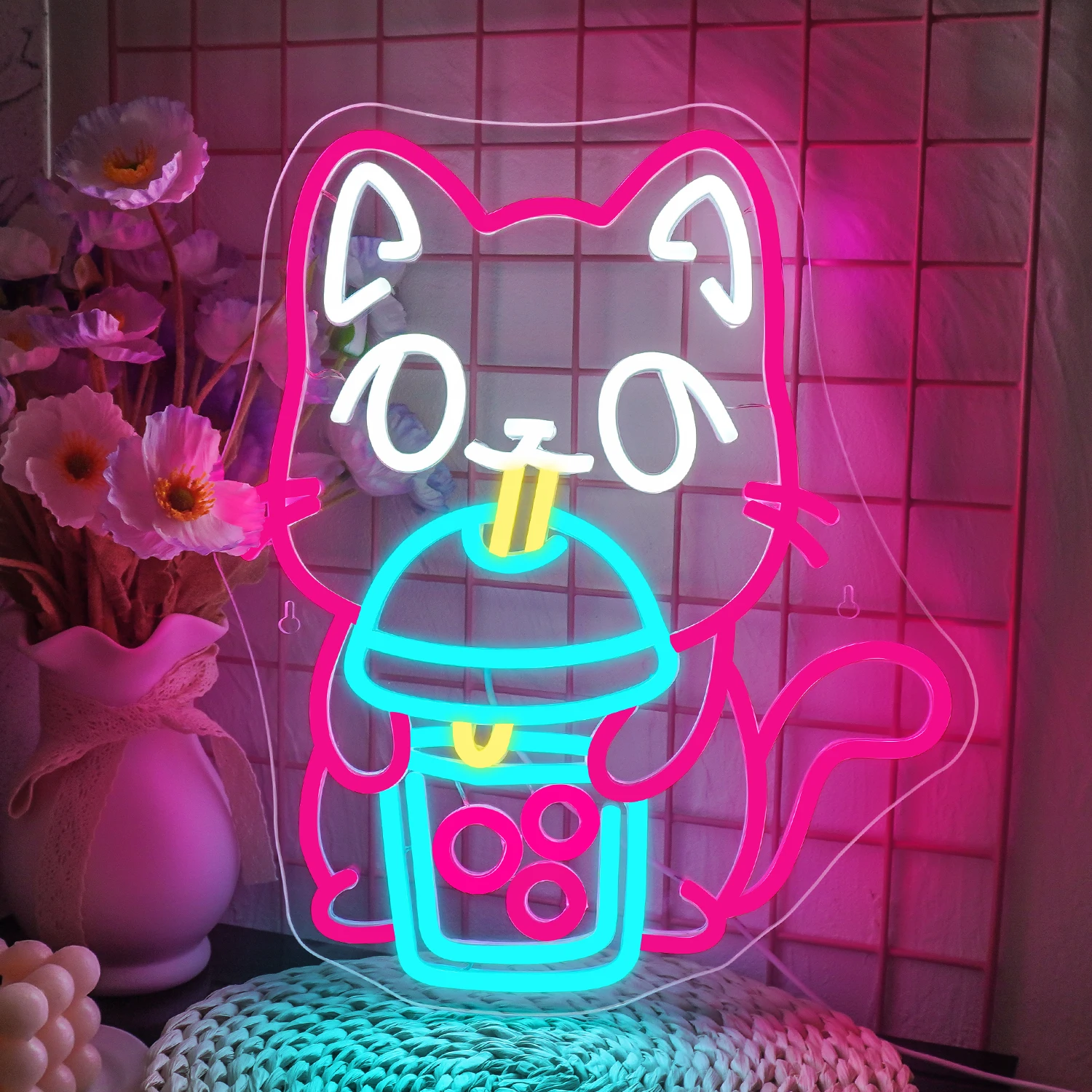 Boba Tee Neon Schild für Wanddekoration Katze Bubble Tea LED-Leuchten Raumdekoration für Business Dessert Shop Bar Club Business Store