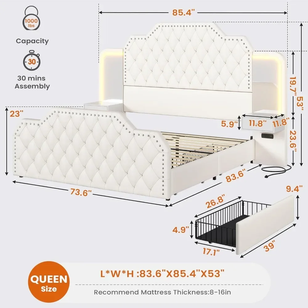 Queen Bed Frame 4 Storage Drawers, PU Leather Upholstered Platform Bed Frame, Built in Charging Station & LedLM