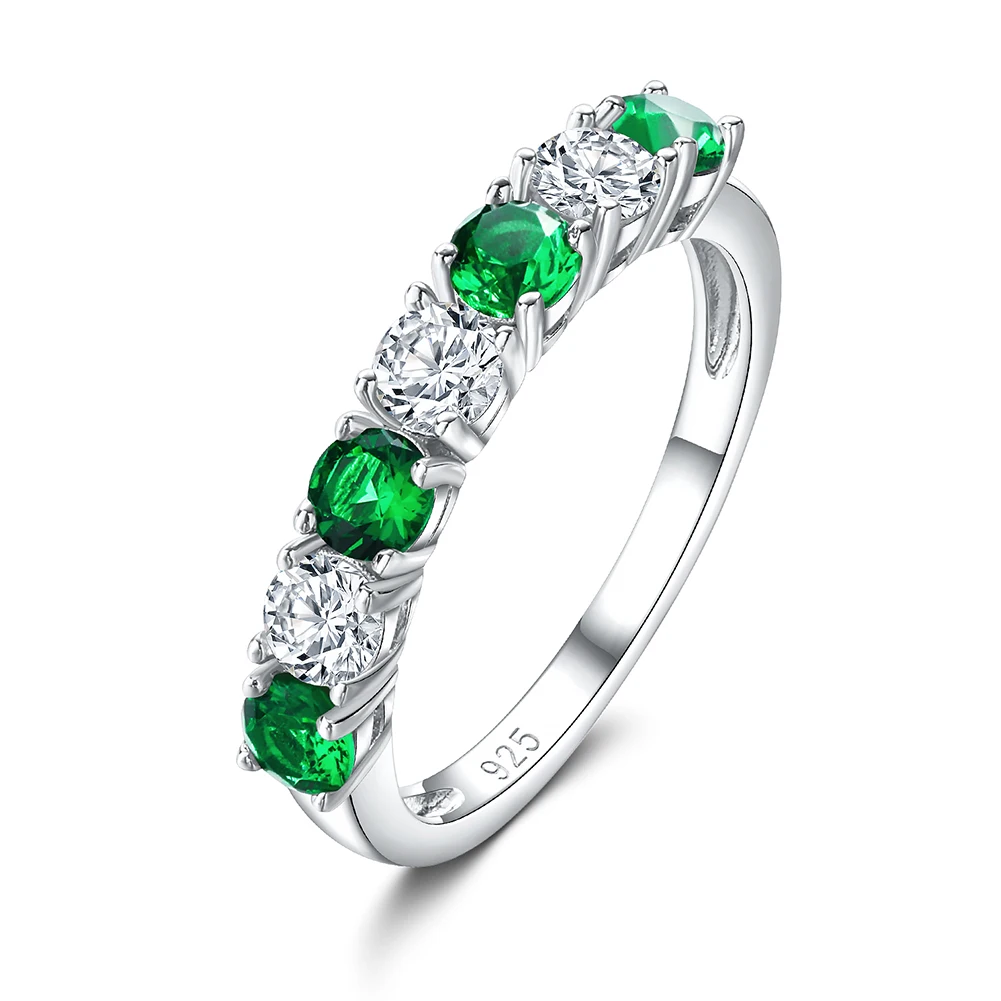 

SEASKY 925 Sterling Silver Birthstone Ring for Women Round Cut Created White Sapphire Ruby Emerald 7 Stone Half Eternity Band