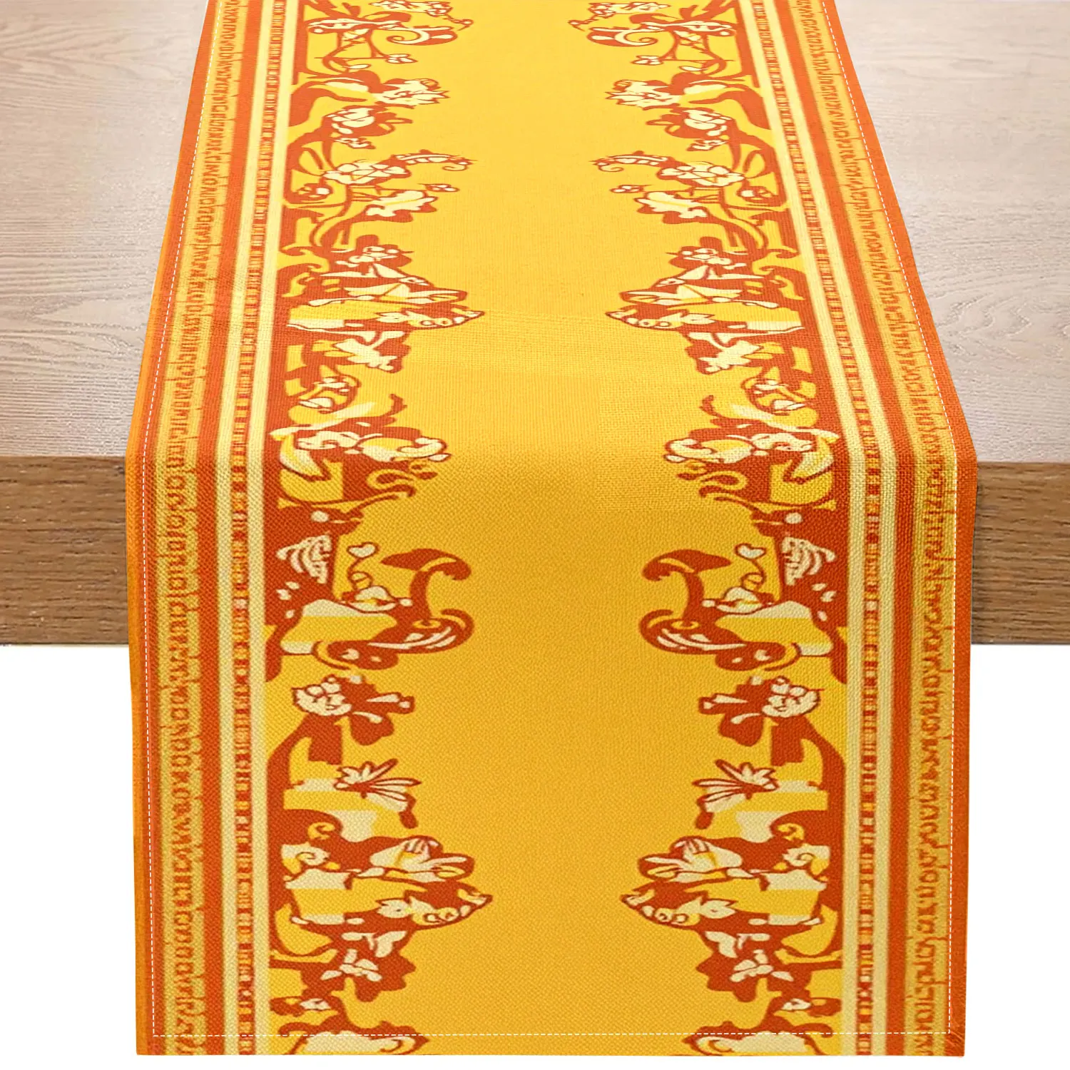 1 Piece of Vintage-Style Floral-Themed Table Runner with a Symmetrical Brown-Toned Entwined Pattern on a Yellow Background, Suitable for Vintage Restaurants, Home Decor, Art Exhibitions, Wedding Arrangements, Holiday Gifts, Tea Room Decoration, Creative Studios, and Folk Event Settings