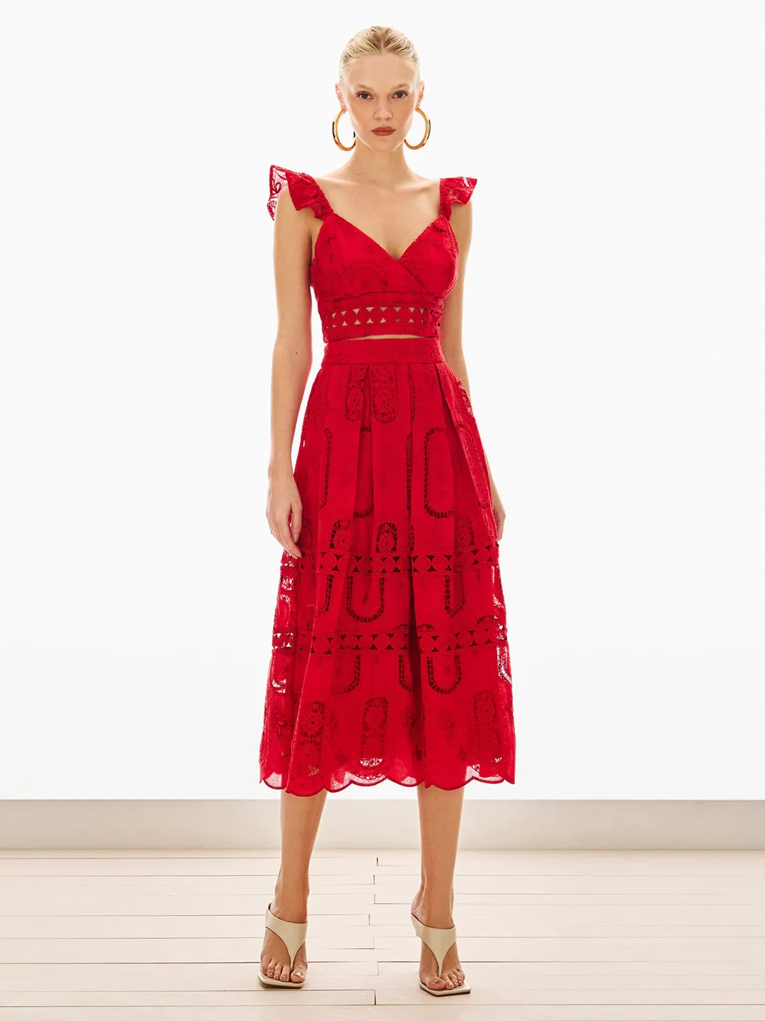 Red Holiday Island Vacation Short Top And Embroidered Skirt Two-Piece Set with Fly Sleeve And Lace Hem Elegant Summer Fashion