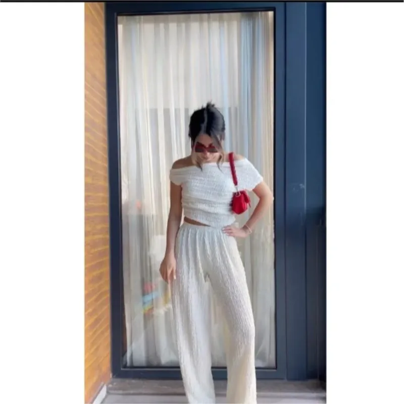 Long Pants Suit Women Solid Elastic Sleeveless Irregular Sets Female Fashion High Waist Puffy 2 Pieces Set Lady Pants Set