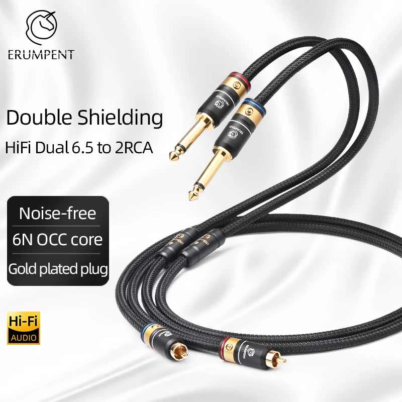 One Pair HiFi 6.5 to RCA Audio Cable Hi-end OCC S Dual 6.35mm TS to 2RCA Male Wire for Amplifier Mixer