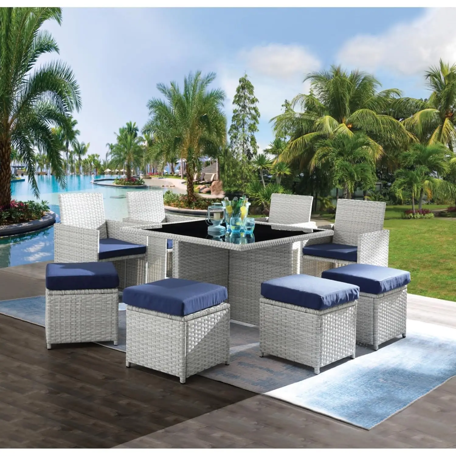 Outdoor Wicker Patio Sofa Set With Ottomans & Pillows, Built-in Side Table For Poolside Lawn Garden Backyard, 9 Pcs, Customized