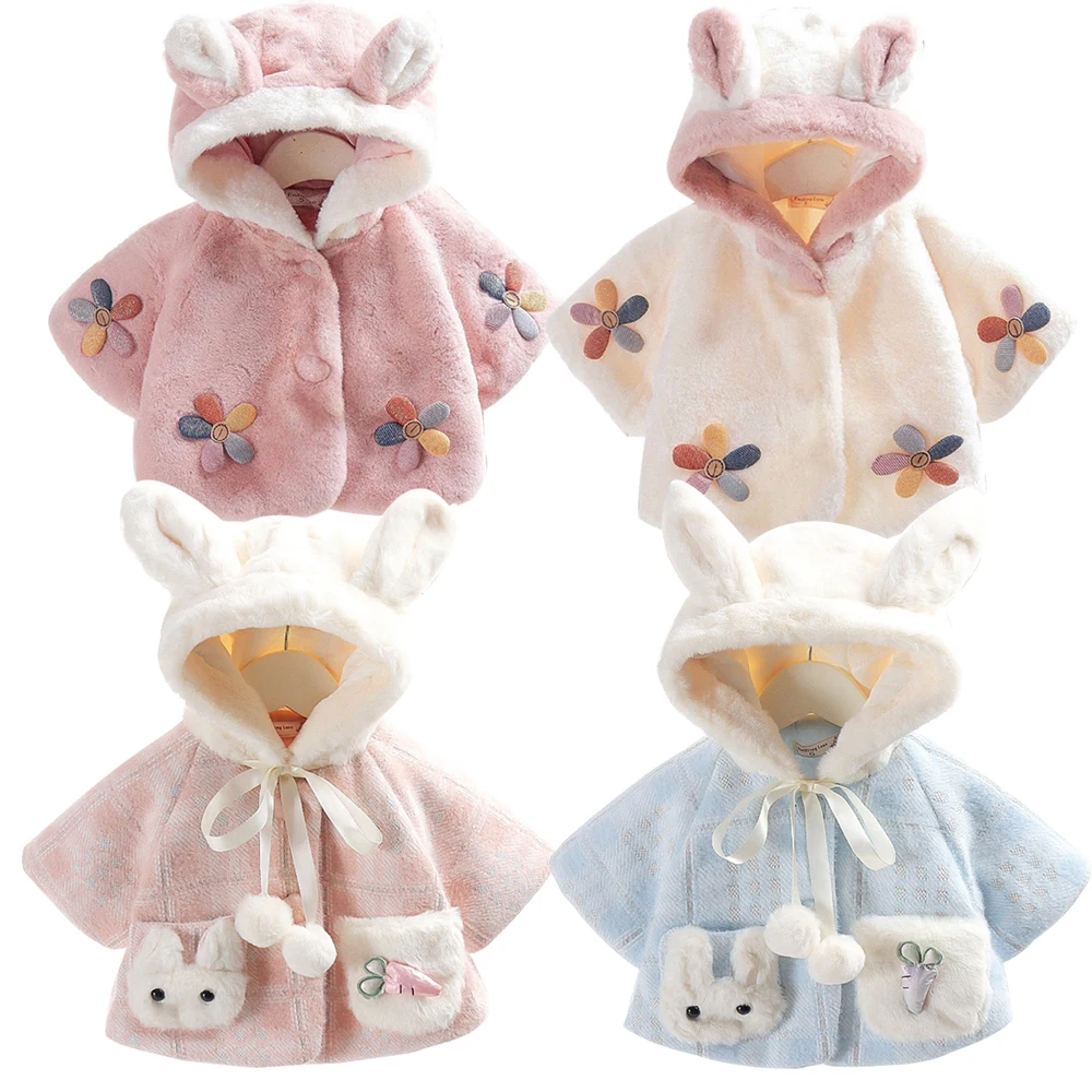 

Одежда для малышей от 0 до 4 лет, розовая накидка, осенне-зимнее флисовое пальто с капюшоном для детей, пуховик с милым кроликом для девочек, детское пальто 2025