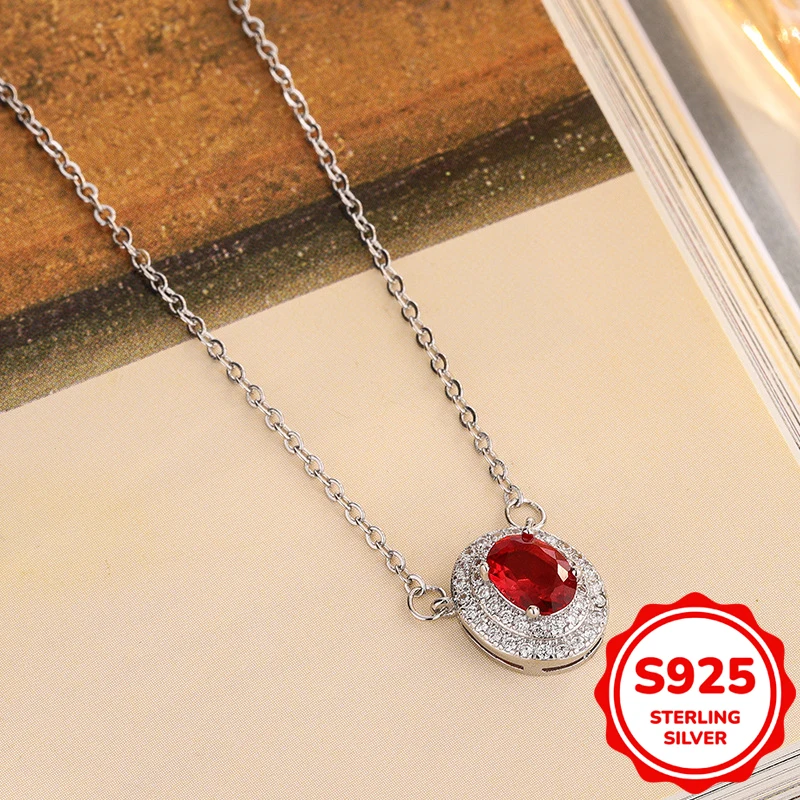 Fashion authentic S925 sterling silve oval fourclaw ruby ​​geometric pendant necklace women engagement  clavicle chain jewelry