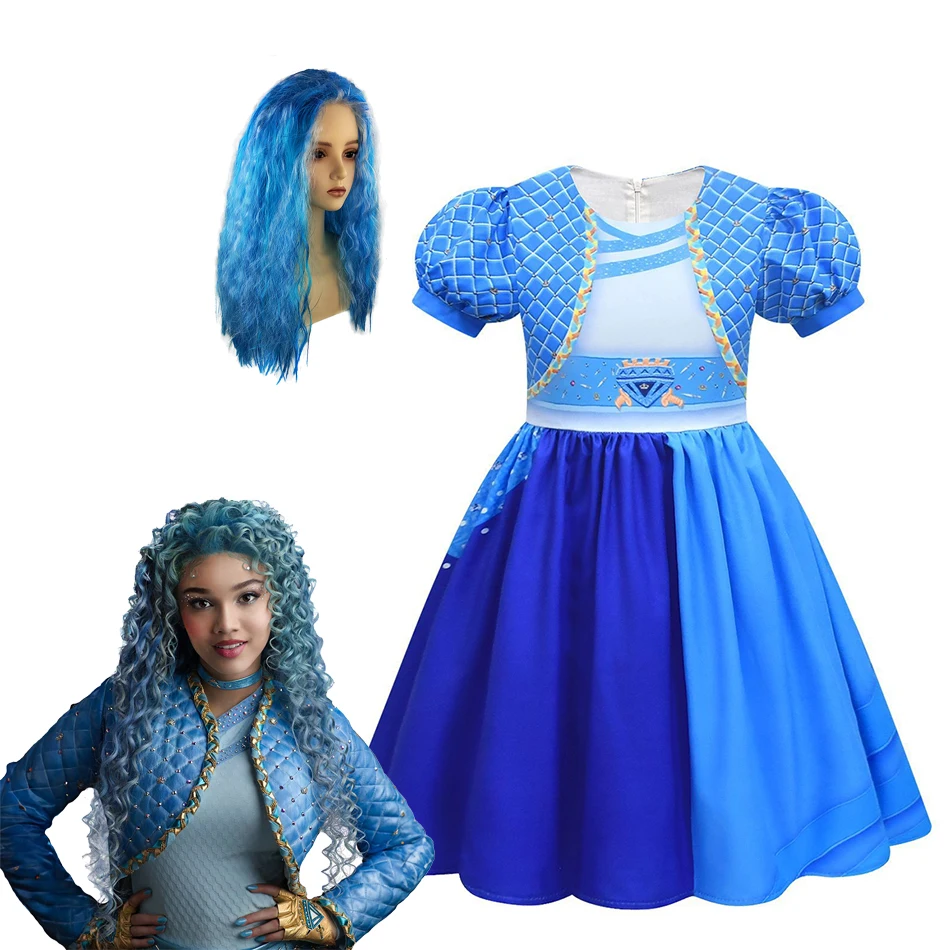 Movie Rise of Red Chloe Cosplay Dress Girls Blue Print Ball Gown Lantern Sleeve Dress For Kids Halloween Disguise Clothes