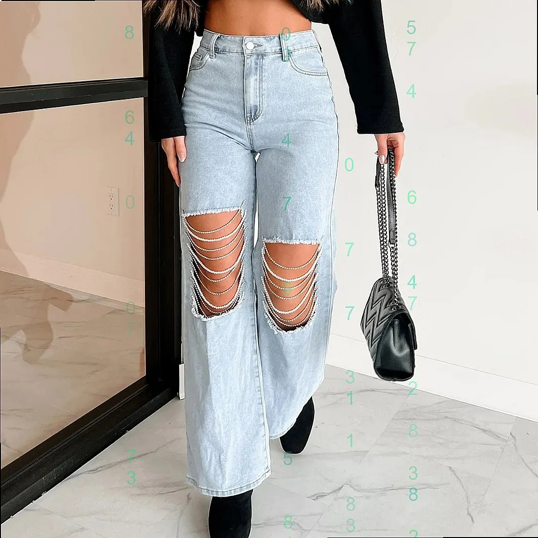 Women Ripped Chain Decor Denim Jeans Straight Leg Pants Spring Summer