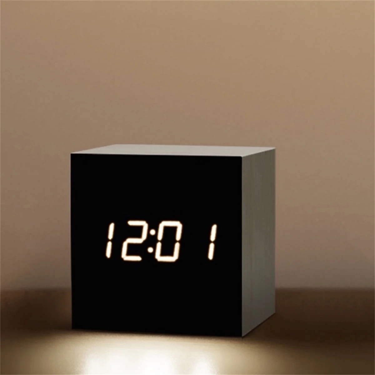 Wood Retro Square Digital LED Alarm Clock Voice Control Glow Desk Clock Snooze Function Desktop Table Decor