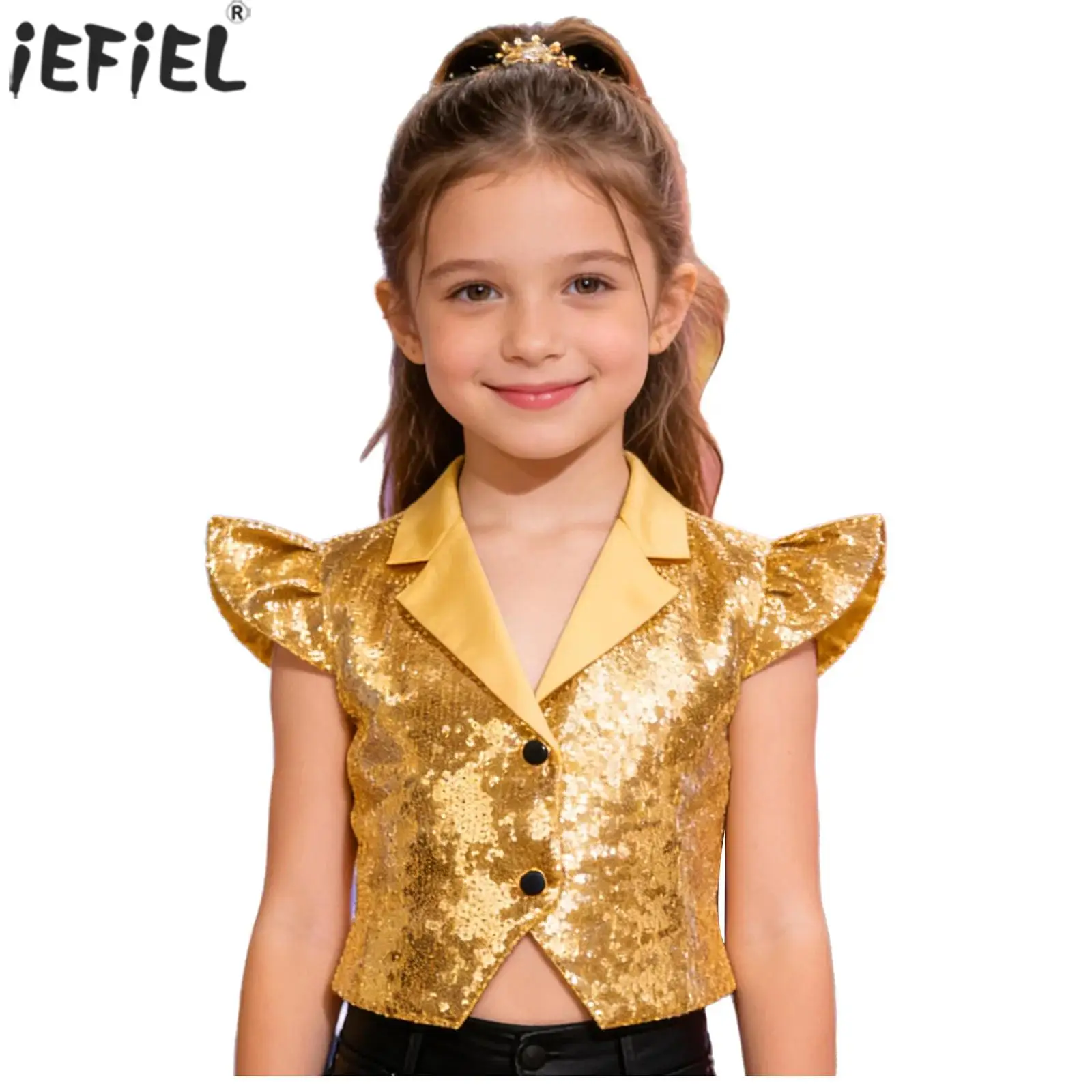 Kids Girls Glittery Sequin Jazz Hip Hop Dance Waistcoat Disco Party Prom Choir Costume Fly Sleeve Notched Lapel Button Crop Vest