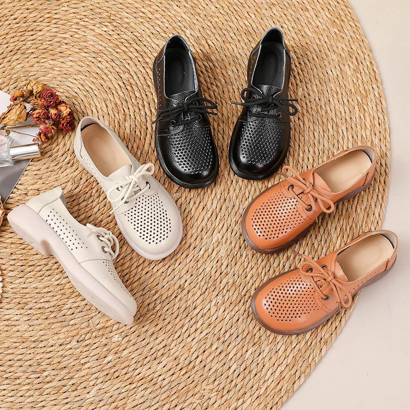 2026 Frühling Sommer Echtleder Damen Freizeitschuhe Komfortable Flache Runde Zehenpartie Mutter-Schuhe für Tägliches Tragen Übergröße 41 D865