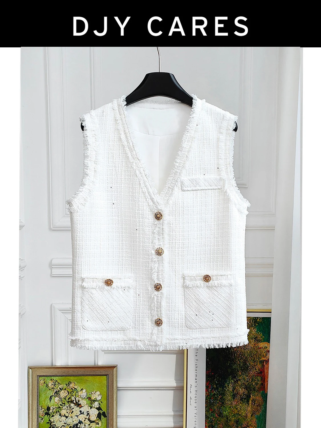 New white Classic and versatile slimming V-neck exquisite handmade tassel vest top big  size
