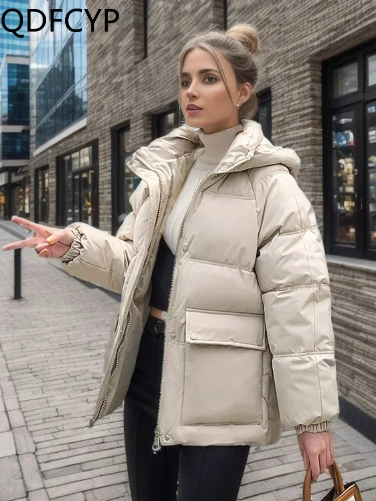 

QDFCYP Winter Women Cold Coat Fashion Loose Hood Zippers Parkas Top Vintage Soft Warm Long-sleeved Pockets Down Cotton Clothing