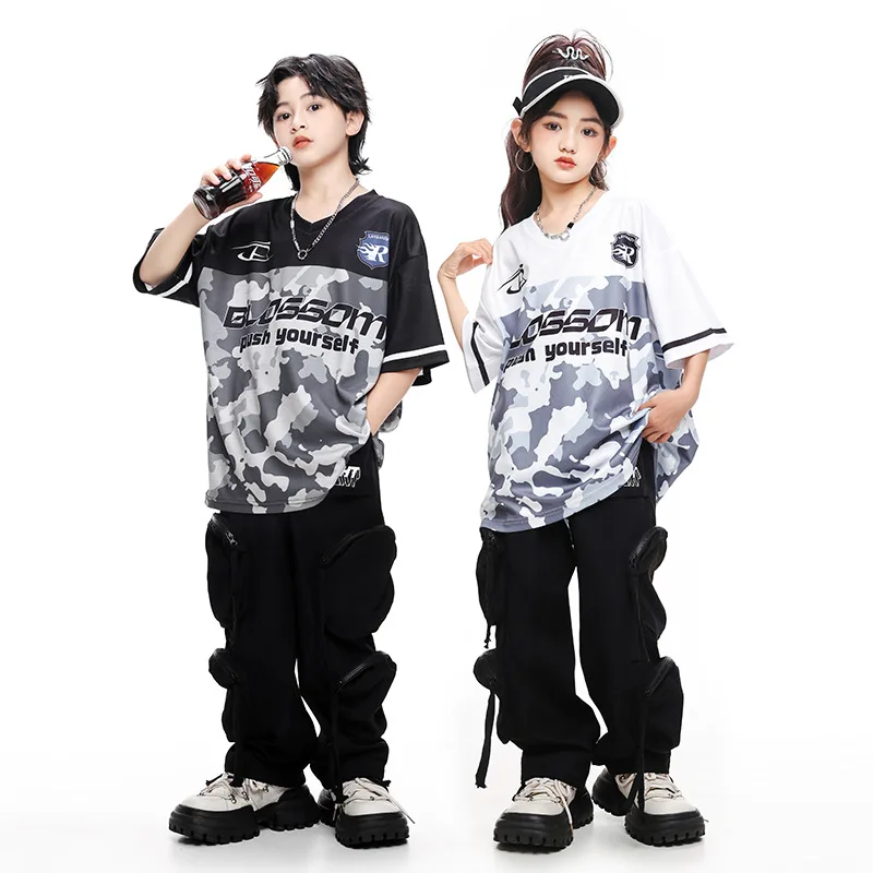 

Boys Hip Hop Dance Clothes Sets Kids Camo Tops Cargo Pants Jazz Practice Clothing Summer Short Sleeves Street Dance Outfit Rave