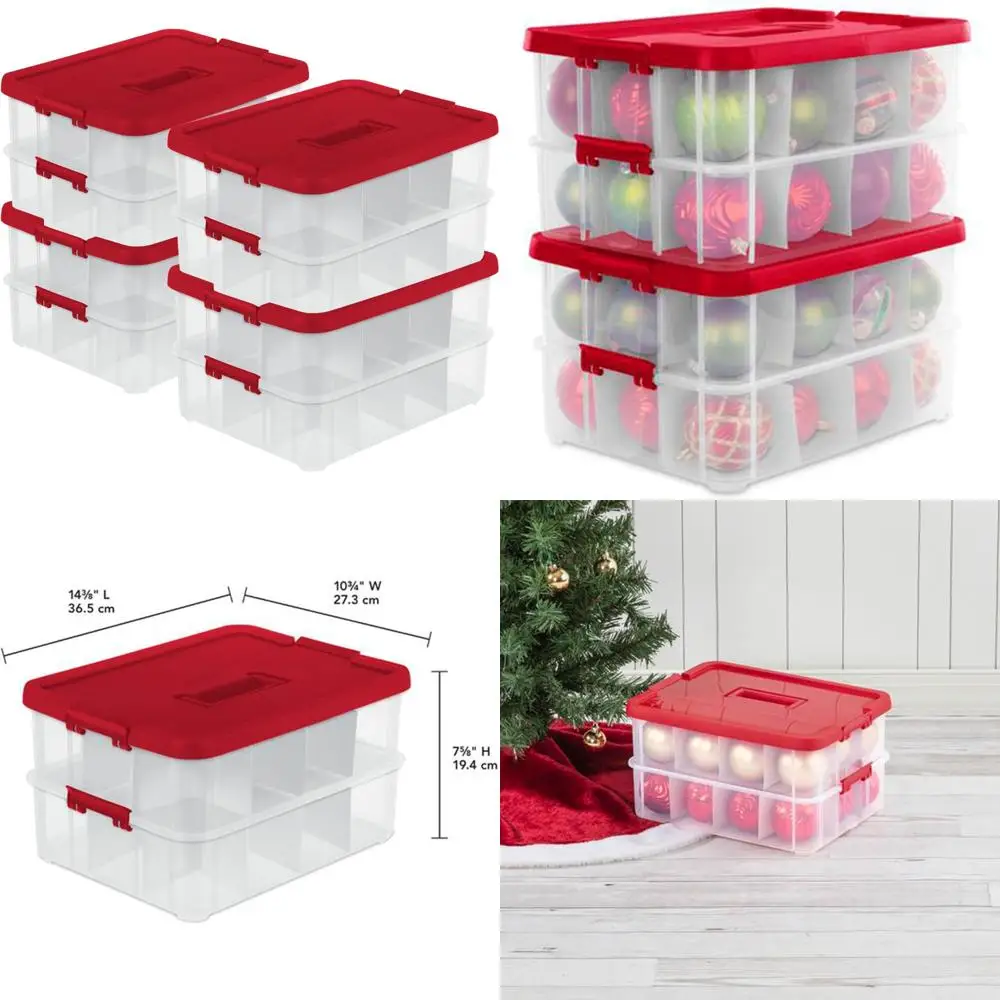مجموعة تنظيم ديكورات العطلات، صناديق تخزين بلاستيكية مكونة من 24 قسمًا، باللون الأحمر