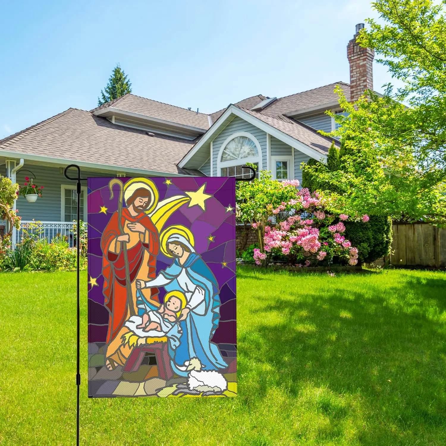HGOD DESIGNS Jesus Garden Flag 12x18 Inch Double Sided Holy Family Birth Stained Glass Christmas Winter Star House Flag for  uui