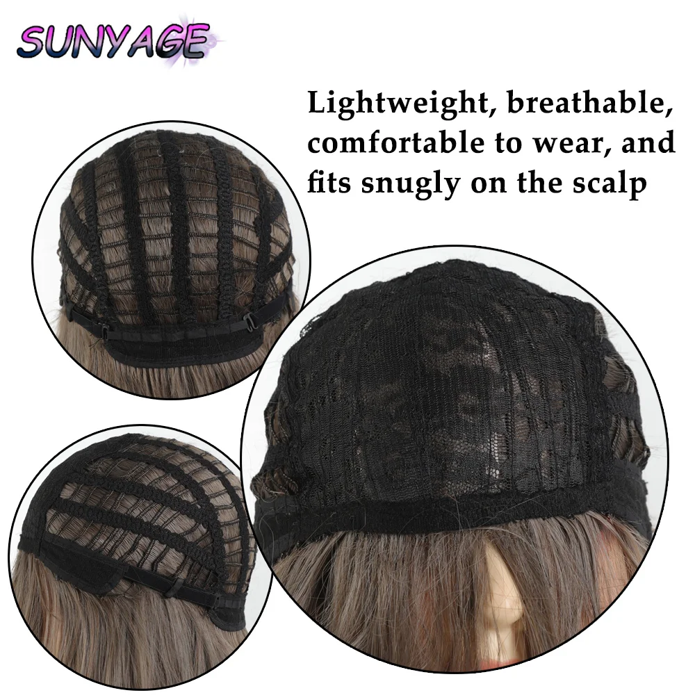 Sunyage perucas sintéticas longas, cinza, marrom, cabelo ondulado, com franja, uso diário, cabelos de fibra natural, roupa de festa para meninas e mulheres