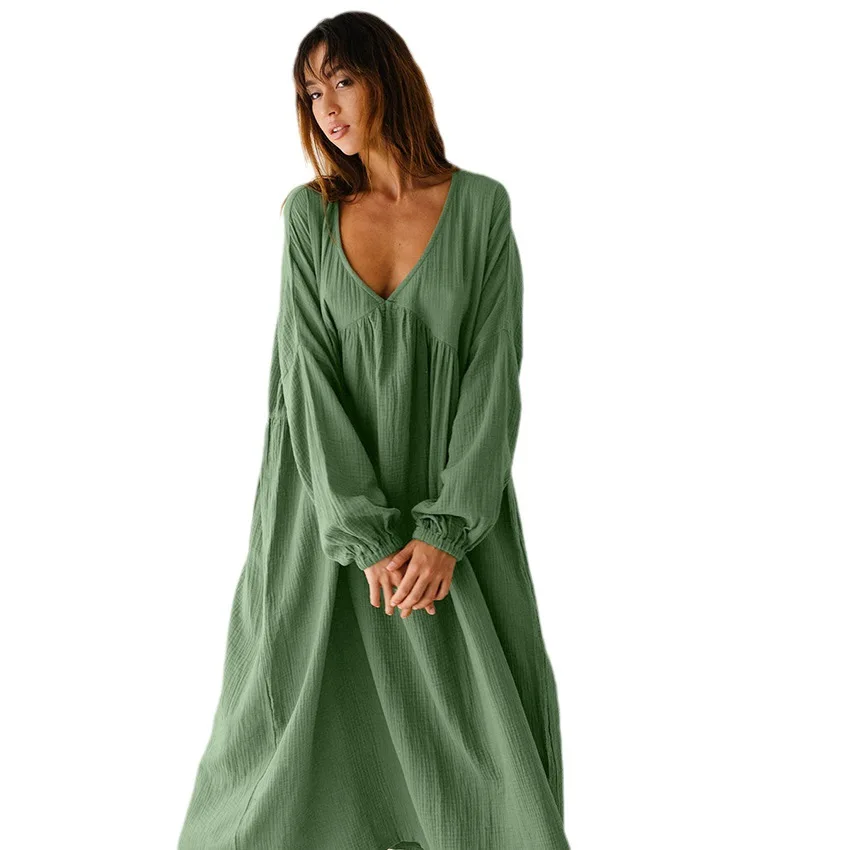 Cotton Solid Women\'s Home Pajamas Set 2023 New Loose V-Neck Long-Sleeve Nightdress Soft Breathable Simple Lady Nightgowns Autumn