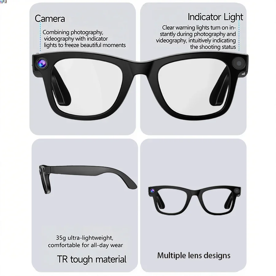 AI Smart Glasses with 800W HD Camera 1080P Video Voice Control Bluetooth/Wi-Fi 230mAh Fast Charging Lightweight Hands-Free