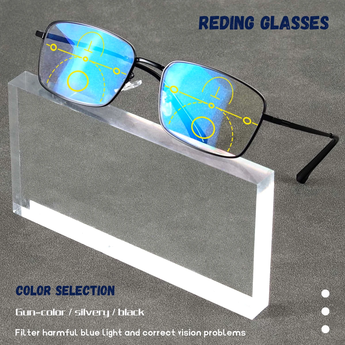 Progressive Multifokal-Lesebrille, Blaulichtfilter-Gläser, klare Sicht aus der Ferne und aus der Nähe, Metallrahmen, Unisex. – Detail 2