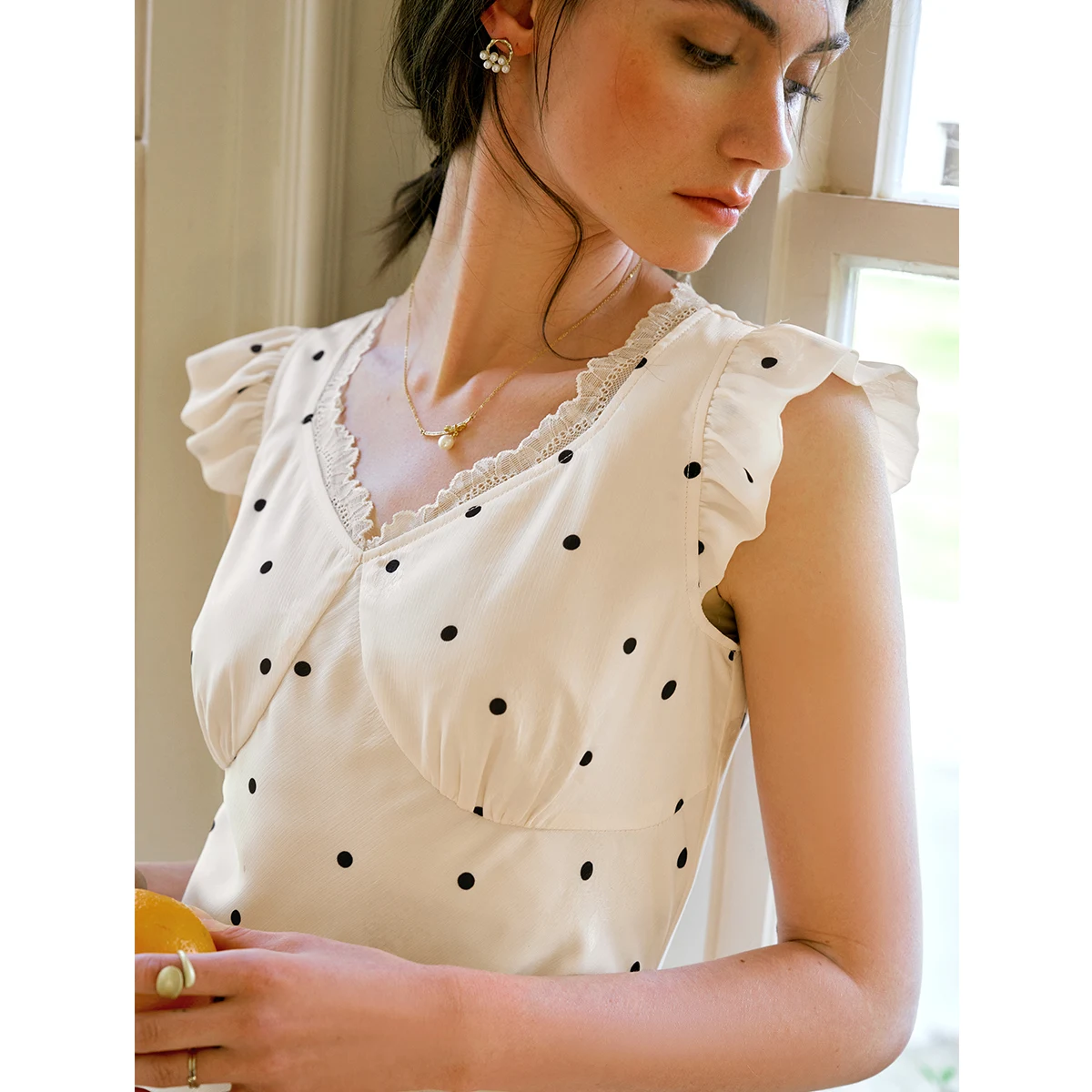 OLrain Polka Dot Kanten Jurk Dames 2025, Zomer Franse Stijl V-hals Koffiepauze Jurk Romantische Jurken Dameskleding O57XL96385 ‌