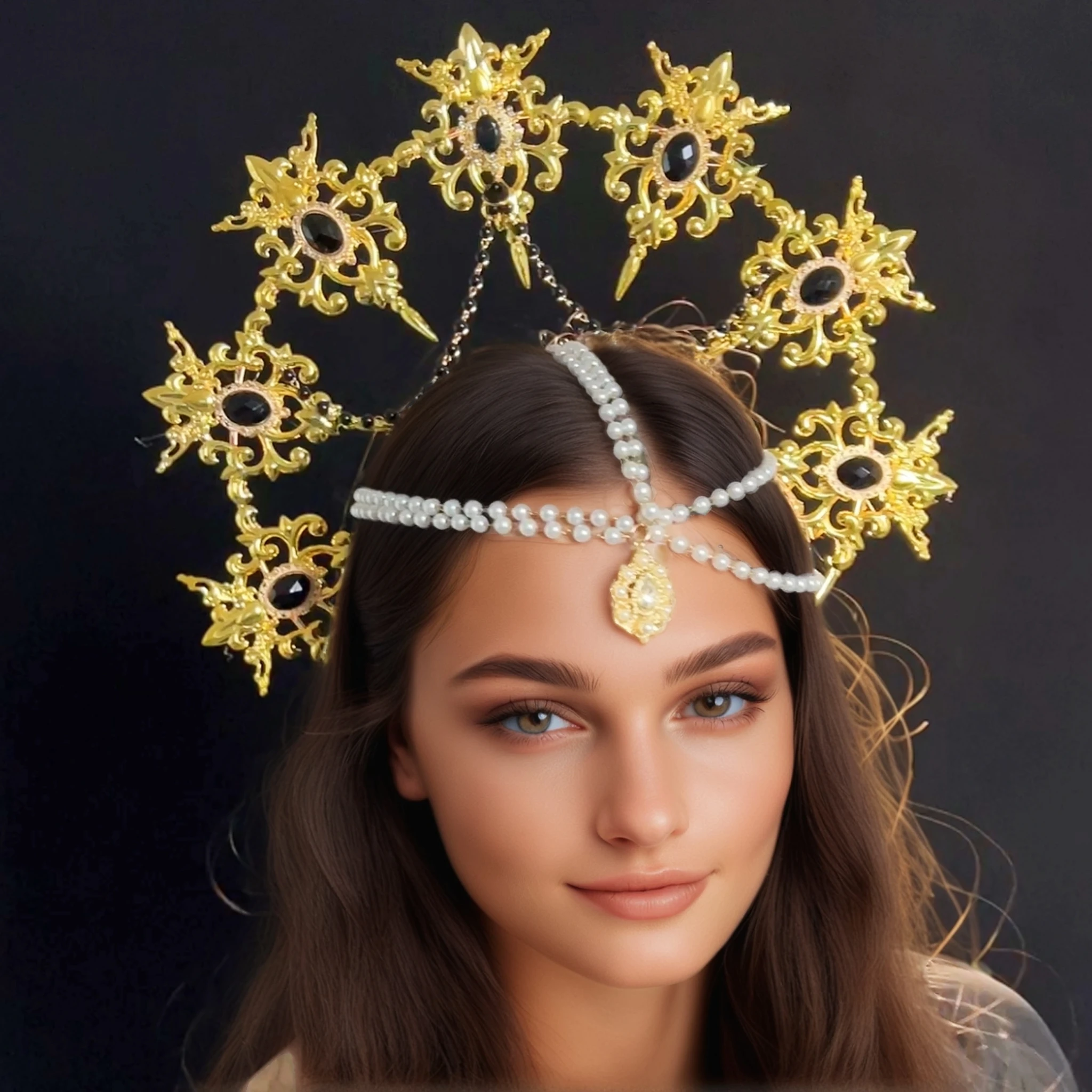 Sun Goddess Angel KC Halo Crown Headpiece Queen Anna Baroque Pearl Tiara Headband Lolita Accessories