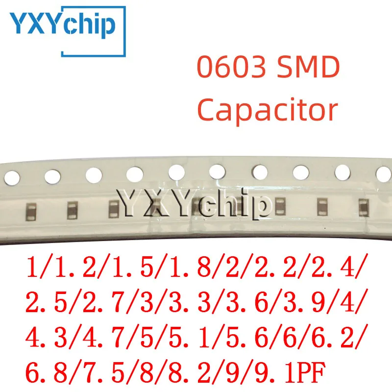 100pcs 0603 SMD Capacitor 1/1.2/1.5/1.8/2/2.2/2.4/2.5/2.7/3/3.3/3.6/3.9/4/4.3/4.7/5/5.1/5.6/6/6.2/6.8/7.5/8/8.2/9/9.1PF NPO C0G