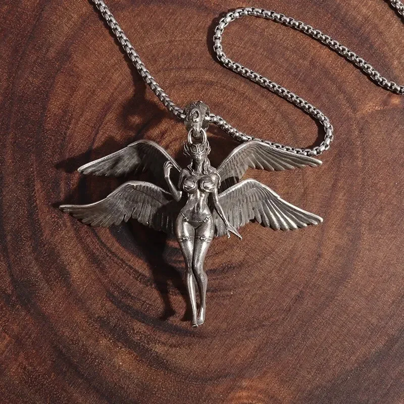 Retro Fallen Angels Necklace for Men Women Holy Four Wings Angel Goddess Pendent Punk Personality Jewelry Anniversary Gifts