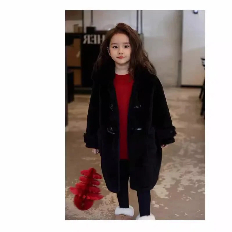 Girls Winter Jacket Warm Fleece Lined Coat Stand Collar Fur Trimmed Outerwear for Medium Children Trendy Cotton Clothes
